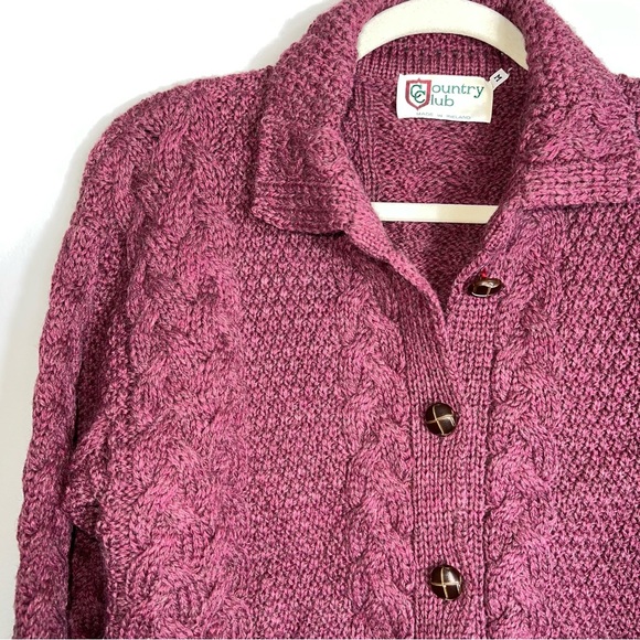 Country Club Vintage Pure New Wool Cardigan Sweater-Made in Ireland-Burgundy-Med - Picture 3 of 9